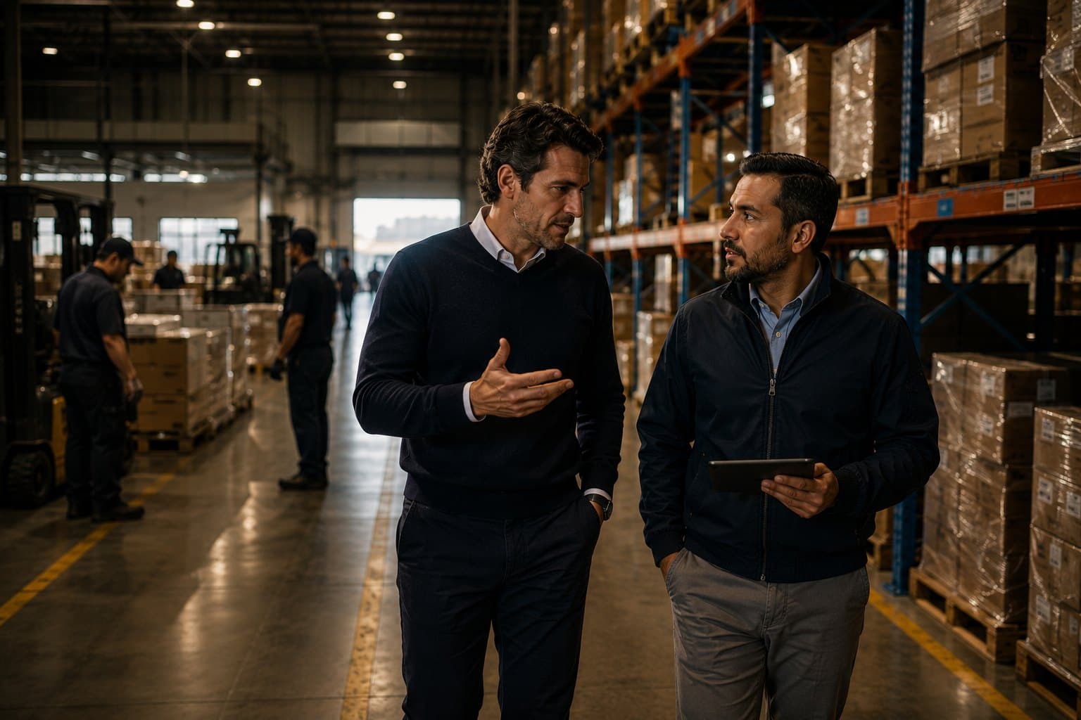 An AJC operator walking a client's warehouse floor with the owner, reviewing the operation hands-on